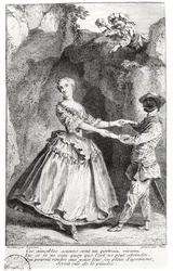 Arlecchino e Colombina in una commedia di Louis de Boissy (1694-1758) incisa da Laurent Cars (1699-1771)